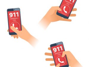 Sketch of 3 hands holding phones displaying 911 on them